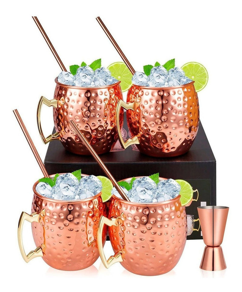 Kit 4 Canecas Moscow Mule Cobre 530ml + 4 Canudos + Dosador