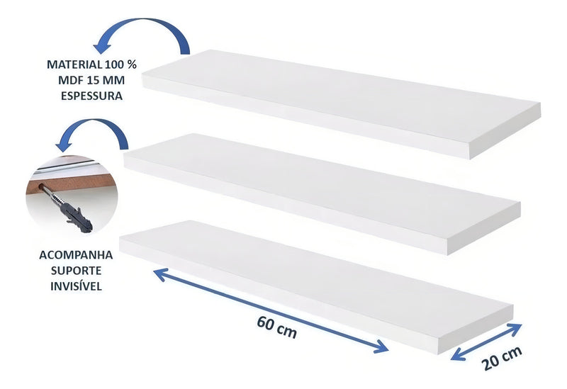Kit 3 Prateleiras 60x20 Decoração Casa